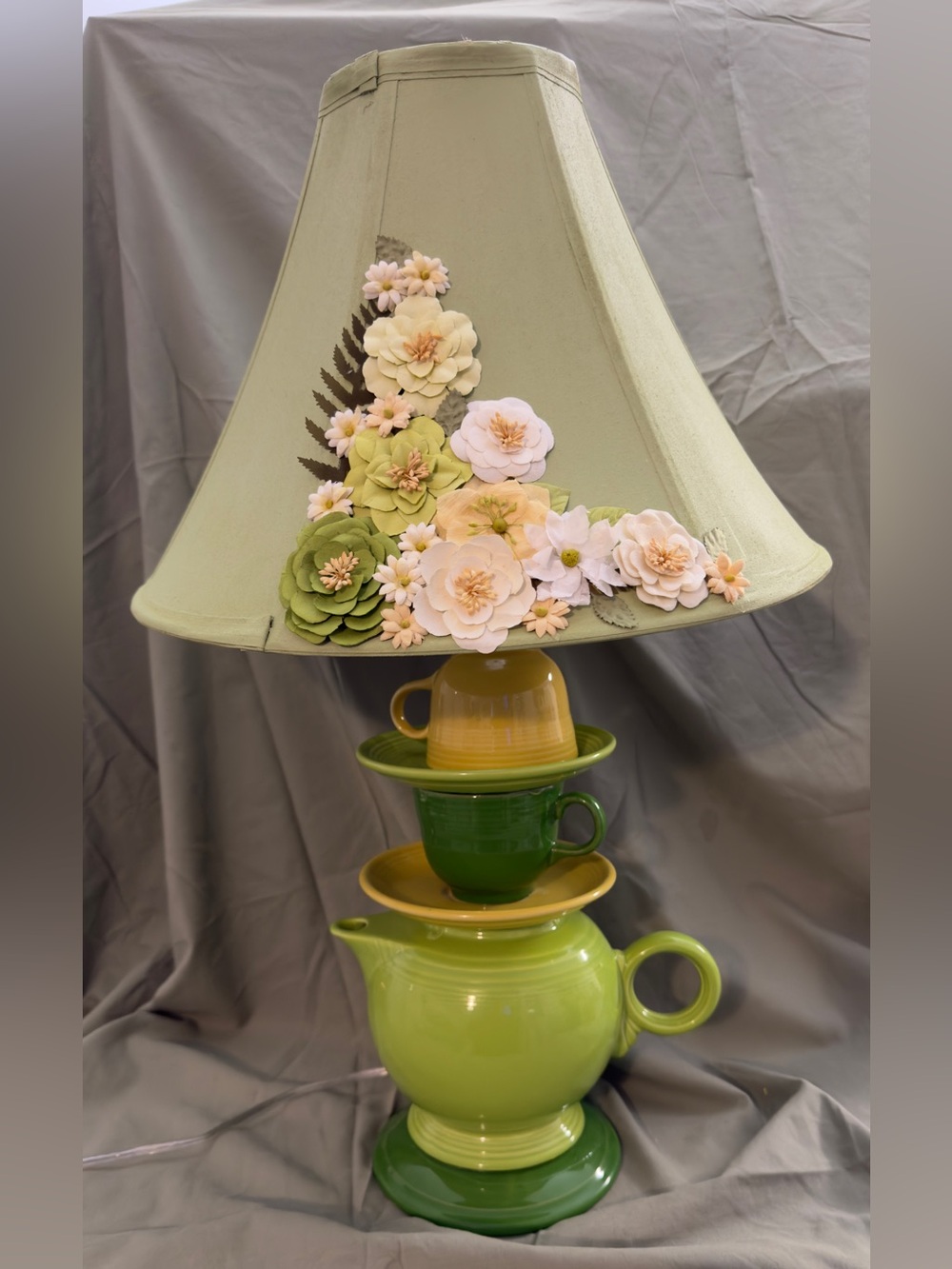 Handmade, one-of-a-kind Fiestaware teapot lamp